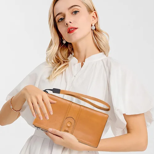 Vista 6 de Roulens Cartera para mujer de gran capacidad de cuero genuino plegable con bloqueo RFID tarjetero con bolsillo con cremallera