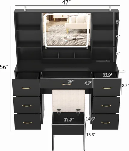 Vista 4 de chartustriable Escritorio grande de maquillaje de 47 pulgadas con espejo LED inteligente y estación de carga, juego de mesa negra con taburete