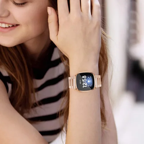 Vista 7 de Maxjoy Compatible con Fitbit Sense/Versa 3 bandas, Versa3 correa de metal grande de acero inoxidable con funda protectora para hombres y mujeres