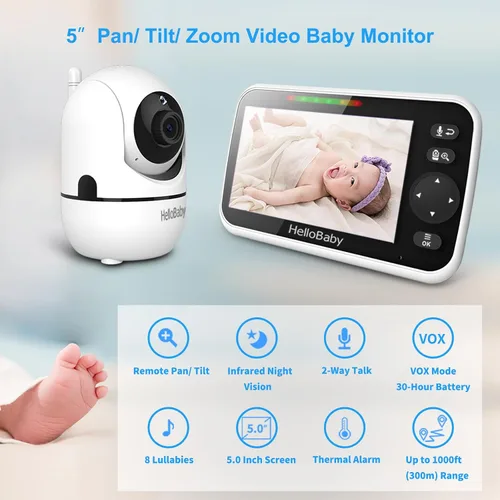 Vista 4 de HelloBaby Monitor de bebé sin WiFi con clip para cuna, pantalla IPS de 5 pulgadas y batería de 30 horas, monitor de bebé con cámara y audio, montaje