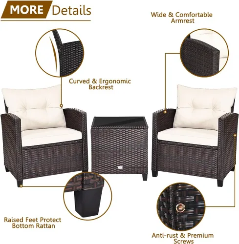 Vista 3 de Moderno juego de muebles de mimbre beige de 3 piezas para patio con cojines resistentes al agua y mesa de vidrio templado