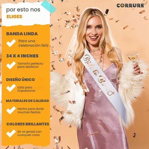 Vista 3 de CORRURE Banda para despedida de soltera "Bride to Be", banda de satén blanco con letras de lámina de oro rosa, accesorios de decoración de despedida