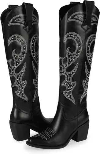 Vista 2 de wetkiss Botas vaqueras para mujer, hasta la rodilla, botas vaqueras para mujer, con diamantes de imitación, cómodas, a la moda, altas y brillantes