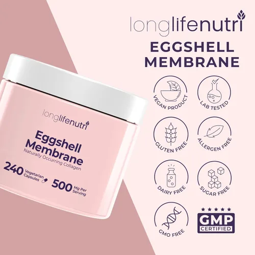Vista 7 de LongLifeNutri Eggshell Membrane 500mg - Suplemento orgánico NEM para la función articular y comodidad, 240 cápsulas vegetarianas, suministro para 8