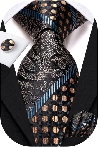 Vista 21 de Hi-Tie Conjunto de corbatas de seda con estampado paisley para hombre, pañuelo de bolsillo y gemelos, conjuntos de corbata formal para negocios a