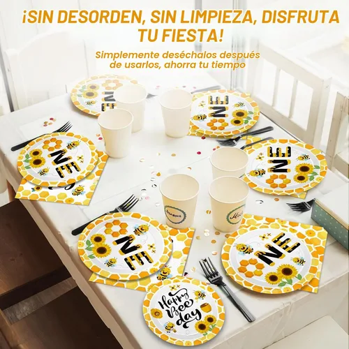 Vista 5 de Qyeahkj Juego de 100 platos de papel y servilletas de abeja, suministros para fiesta de primer cumpleaños, suministros para el primer cumpleaños
