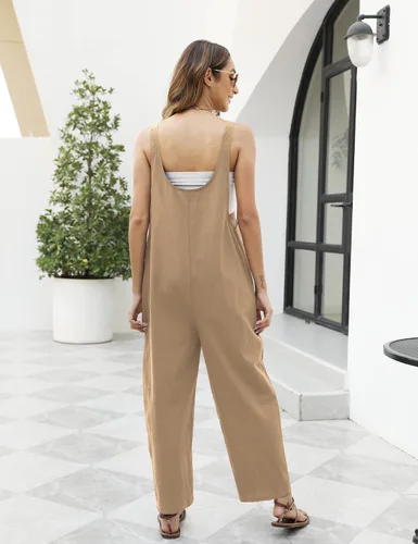 Vista 3 de Omoone Overol de algodón y lino para mujer, estilo casual, con tirantes de corbata, pechera, holgado, pierna ancha con bolsillos