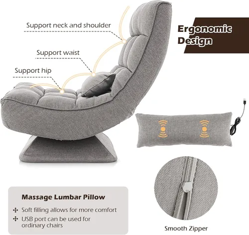 Vista 6 de Giantex Silla giratoria ajustable para el suelo, silla de videojuegos de 5 posiciones con base giratoria, marco de acero, almohada lumbar de masaje