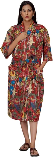 Vista 7 de Cárdigan tipo kimono con estampado indio para mujer, cuello en V, suelto, para playa, vestido de noche tipo kimono de algodón Rosado