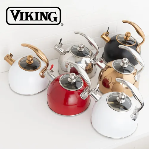 Vista 8 de Tetera de acero inoxidable Viking de 3 capas, 2.6 cuartos de galón para estufa con tapa de vidrio templado, mango ergonómico, lista para inducción