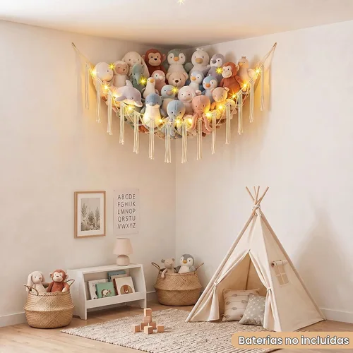 Vista 4 de Basumee Hamaca de animales de peluche con red de esquina de luz LED Crema