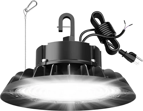 Vista 10 de UFO - Luz LED de alta bahía de 100 W, luces LED de alta bahía de 14,000LM, 0-10 V, regulable, cable de 6 pies con enchufe estadounidense, gancho