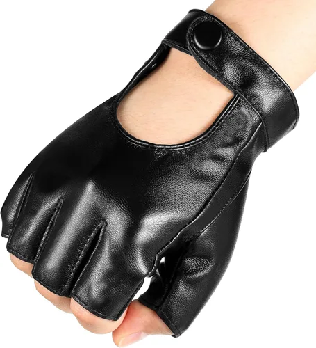 Vista 3 de Giugu 2 pares de guantes de piel sintética sin dedos, guantes punk negros para mujer, remaches, medio dedo, de piel sintética, para disfraces