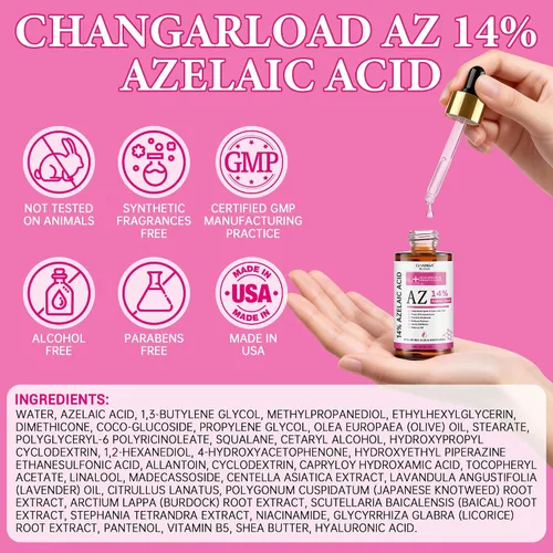 Vista 7 de Suero facial de ácido azelaico al 14% con niacinamida y ácido hialurónico – Ayuda a calmar el enrojecimiento, mejorar las manchas y manchas oscuras