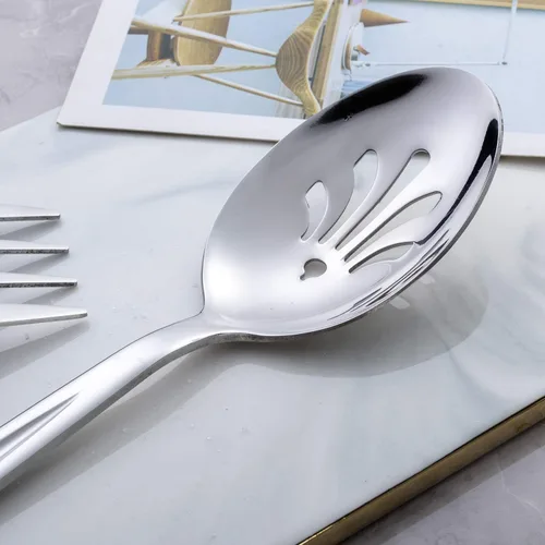 Vista 5 de GoGeiLi Juego de servicio de acero inoxidable, 3 cucharas grandes y 3 cucharas ranuradas, juego de catering de 9.5 pulgadas para fiestas, banquetes