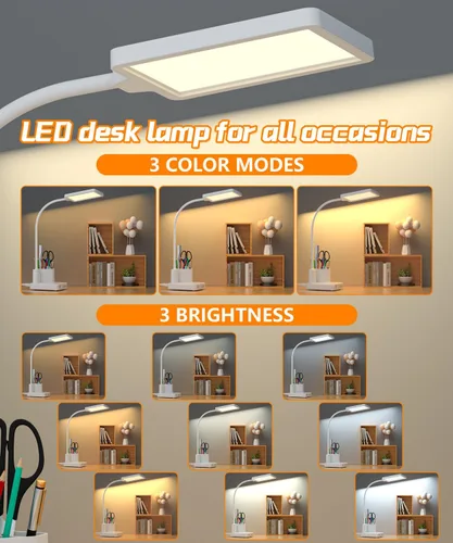 Vista 2 de Lámpara de Escritorio, Lámparas de Escritorio LED para Oficina en Casa con 2 Puertos de Carga USB/Toma de Corriente/Organizador, Lámpara