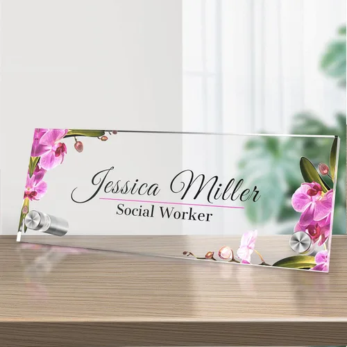 Vista 15 de Placa de identificación personalizada para escritorio, decoración de oficina de acrílico transparente con diseño de flores, decoraciones