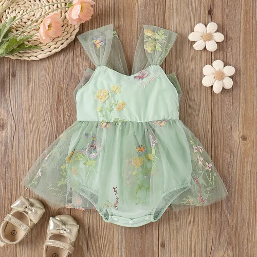 Vista 3 de IDOPIP Conjunto de 2 piezas para bebé recién nacido, con diadema, bordado de flores, tutú, princesa, fiesta de cumpleaños, conjunto de ropa