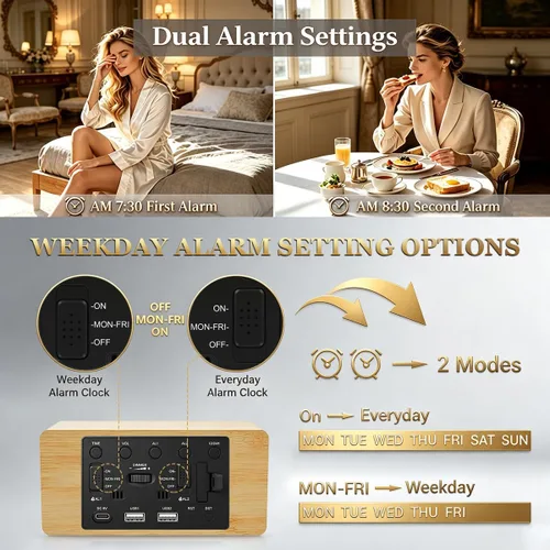 Vista 7 de URAYCO Reloj despertador digital de madera con cargador inalámbrico rápido de 10W, puertos de carga USB, DST, atenuable, modo repetición, pantalla