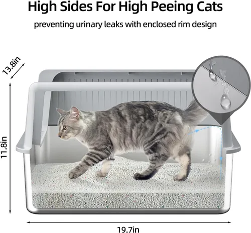 Vista 3 de Caja de arena de acero inoxidable para gatos con tapa, XL, 19.7 pulgadas de largo x 13.8 pulgadas de ancho x 11.8 pulgadas de alto, caja de arena