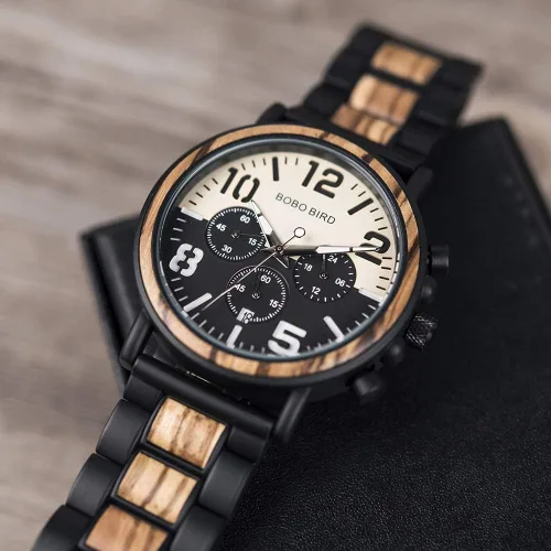 Vista 4 de BOBO BIRD Reloj de acero inoxidable de madera para hombre, cronógrafo, relojes de cuarzo