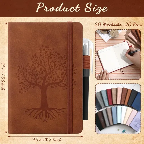 Vista 2 de Estune Tree Cuadernos Pequeños de Cuero con Soporte para Bolígrafo, Cuadernos de Bolsillo de Tapa Dura, Cuadernos Temáticos Bonitos con Rayas