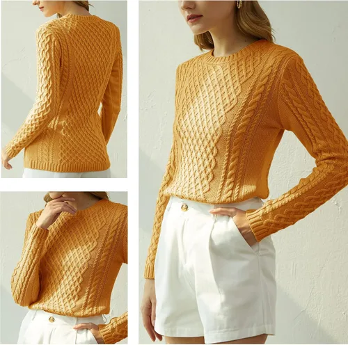 Vista 4 de v28 - Suéter elástico de punto trenzado con cuello redondo y manga larga para mujer