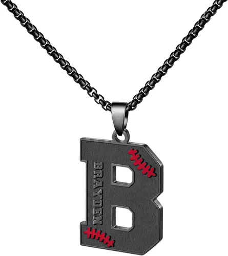 Vista 27 de Ldurian Collar personalizado con nombre de béisbol, cadena negra de acero inoxidable, collar con nombre deportivo, letra A-Z de 24 pulgadas, regalos