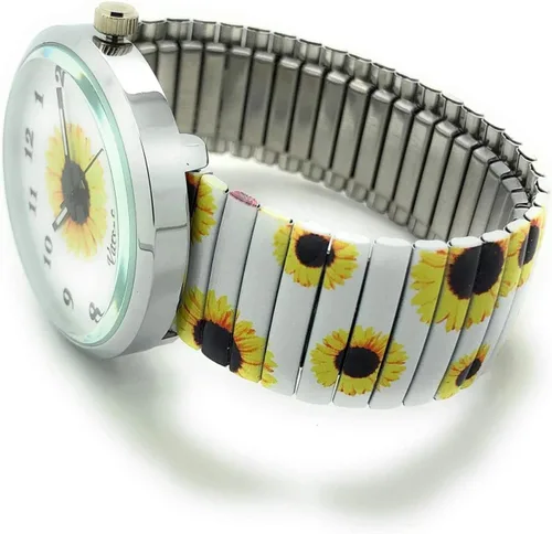 Vista 3 de Floral Flower - Reloj de moda de cuarzo analógico con banda elástica para mujer (girasol)
