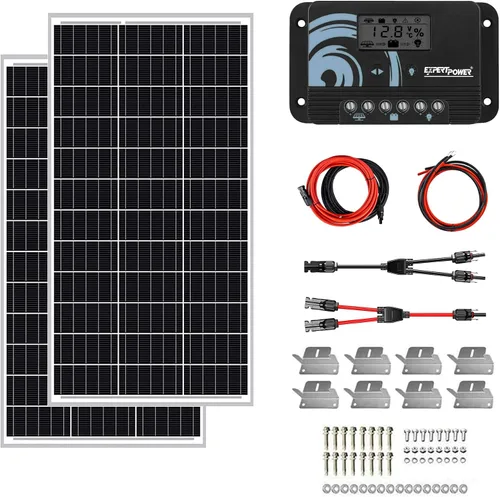Vista 12 de ExpertPower Kit de energía solar de 100 W y 12 V Batería de litio LiFePO4 de 12 V y 20 Ah Panel solar monorígido de 100 W, controlador de carga