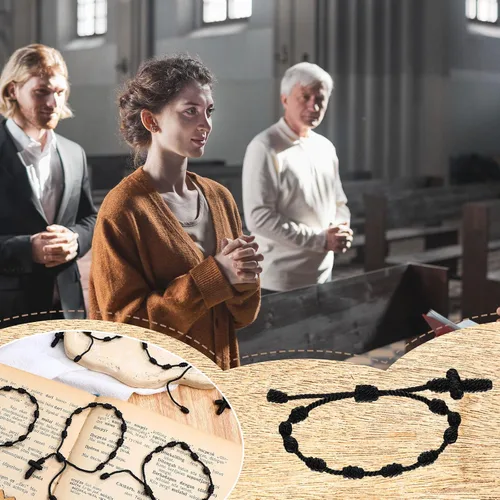 Vista 7 de Otuuz 24 pulseras de rosario católico negro hechas a mano con cruz de rosario para hombres y mujeres, 10 nudos con recuerdos de mano de bautizo