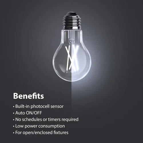 Vista 4 de Feit Electric Bombilla LED integrada con sensor de atardecer a amanecer, filamento transparente A19 con una bombilla de base media E26, equivalente