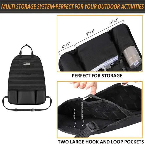 Vista 3 de Organizador de respaldo de asiento Molle 1000D mejorado con bolsas, panel táctico Molle para asiento de automóvil, protector de asiento de asiento