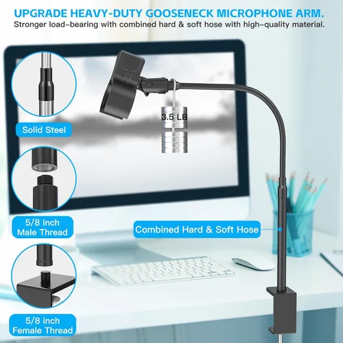 Vista 4 de ZealSound Soporte de micrófono de 19 pulgadas, soporte flexible de micrófono de escritorio de cuello de cisne, soporte de clip de micrófono mejorado