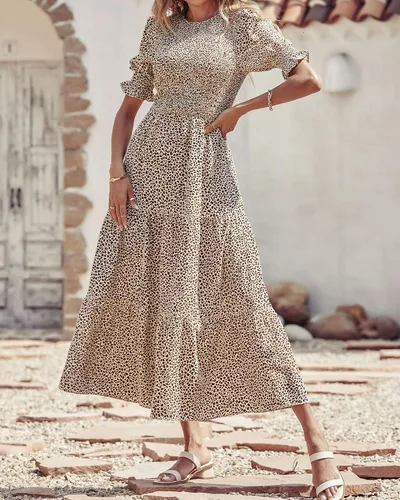Vista 136 de BTFBM Vestidos para mujer, cuello redondo, casual, de verano, con volantes, manga corta, bohemio, con niveles, fruncido, largo, con estampado floral