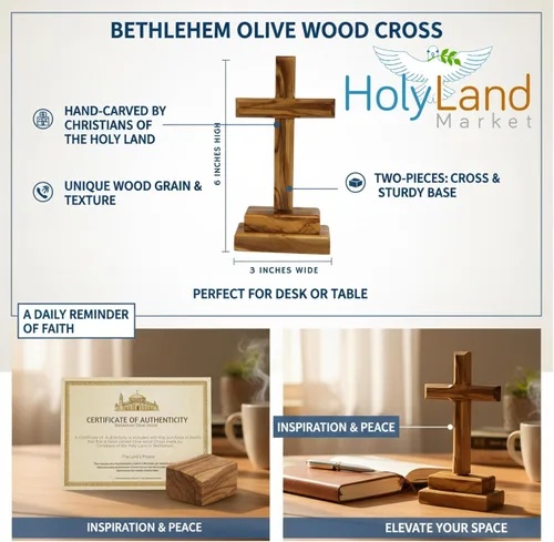 Vista 2 de Holy Land Market Cruz de altar de pie de madera de olivo de 6 pulgadas, tallada a mano en Belén por artesanos cristianos, crucifijo de mesa