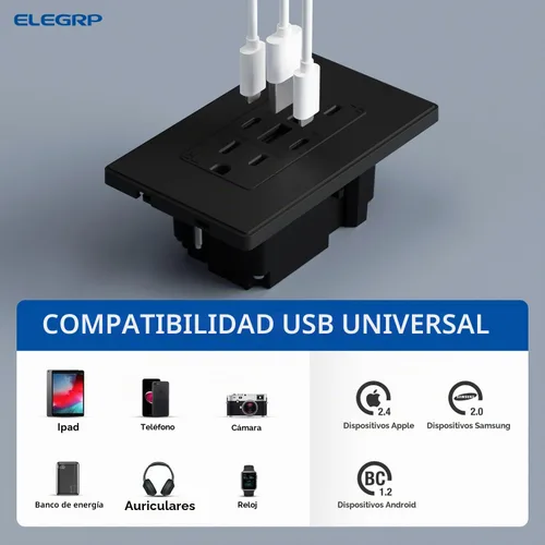 Vista 5 de ELEGRP Tomacorrientes USB, 30 W 6.0 Amp USB C, toma de pared USB de 3 puertos, toma de corriente resistente a manipulaciones de 15 amperios con 2