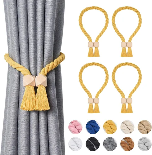 Vista 16 de NICEEC 2 Pack de Alzapaños Magnéticos de Madera en Forma de Cubo Boho para Decoración del Hogar, Alzapaños de Lino Tejidos a Mano para Cortinas Beige