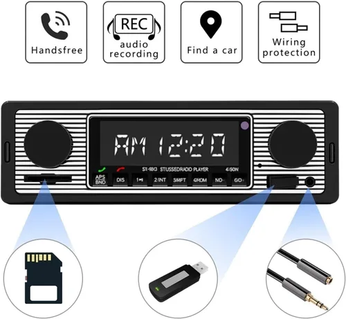 Vista 5 de Estéreo clásico para automóvil con Bluetooth, llamadas manos libres y control de voz, radio FM, reproductor de MP3, puerto USB/SD/AUX, carga rápida