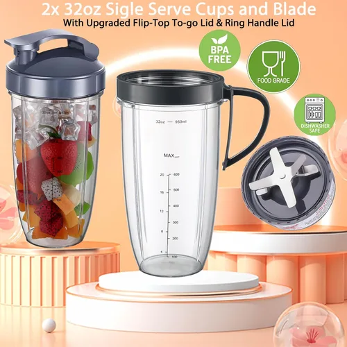 Vista 5 de NutriBullet - Juego de 8 tazas y cuchillas de repuesto NutriBullet de 32 onzas con 1 tapa abatible para llevar y 1 mango de anillo para licuadora
