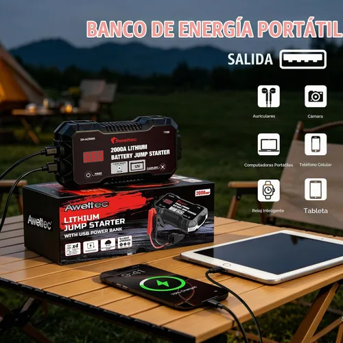 Vista 4 de Arrancador de salto 2000A para 8.0L Gas/6.5L Diesel con USB y LED