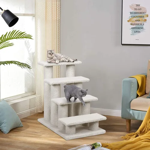 Vista 3 de Tangkula Escaleras para Mascotas para Gatos y Perros, Rampa de Escalera Alfombrada de 4 Escalones Trepador para Gatos Poste Rascador para Gatos