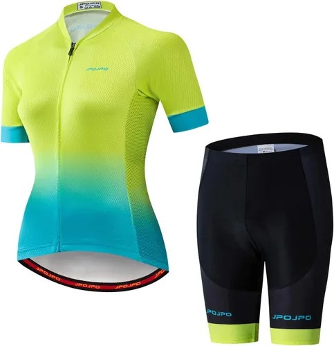 Vista 36 de Camiseta de ciclismo para mujer, manga corta y pantalones cortos de ciclismo acolchados para verano