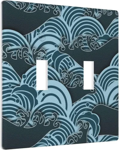 Vista 2 de Cubierta de interruptor de luz azul con onda retro, placa de pared decorativa de doble palanca de 2 cuadrillas, cubierta de salida para sala