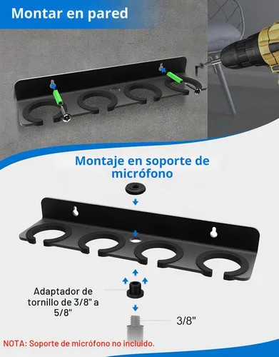 Vista 2 de Soporte de micrófono múltiple para micrófonos con cable e inalámbricos, soporta hasta 4 micrófonos, organizador de micrófono múltiple para soporte