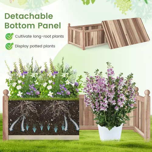Vista 4 de HAPPYGRILL Cama de jardín elevada de madera, maceta rectangular de madera de acacia natural con forro y drenaje para hierbas de flores vegetales