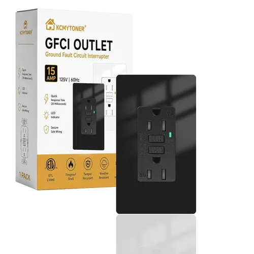 Vista 47 de Toma GFCI negra de 15 amperios con puertos USB C y USB-A, 1 unidad de 24 W de autotprueba GFCI USB Combo con indicador LED, resistente a