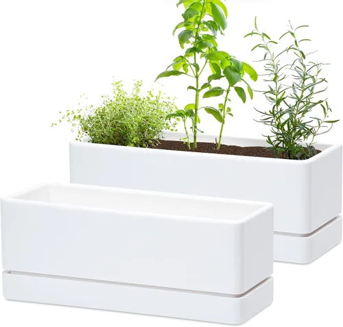 Vista 10 de D'vine Dev - Maceta para ventana de 12 pulgadas, maceta rectangular de plástico para hierbas con agujeros de drenaje y plato, maceta de suculentas