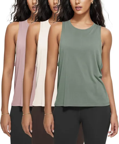 Vista 12 de ODODOS Paquete de 3 camisetas sin mangas sueltas para mujer, camisetas sin mangas para gimnasio, atletismo, entrenamiento, camisetas de yoga