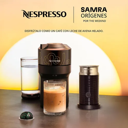 Vista 2 de Nespresso Vertuo Pop+ Cafetera para café y espresso de De'Longhi, Samra Origins de The Weeknd Vertuo Buna Amarillo con espumador de leche Aeroccino3